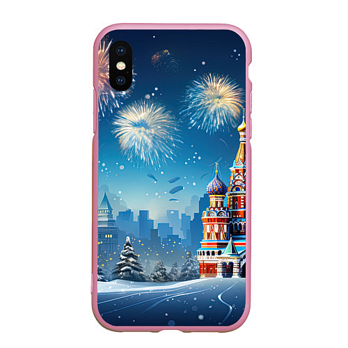 Чехол iPhone XS Max матовый Новогодняя Москва / 3D-Розовый – фото 1