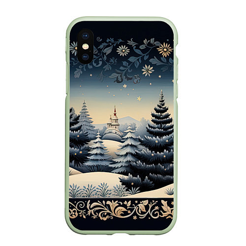 Чехол iPhone XS Max матовый Сияние праздника новогодний орнамент / 3D-Салатовый – фото 1