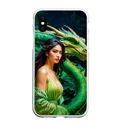 Чехол iPhone XS Max матовый Нейросеть - девушка с зелёным драконом, цвет: 3D-белый