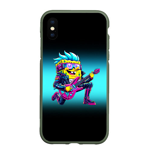Чехол iPhone XS Max матовый Sponge Bob - rock guitarist - ai art / 3D-Темно-зеленый – фото 1