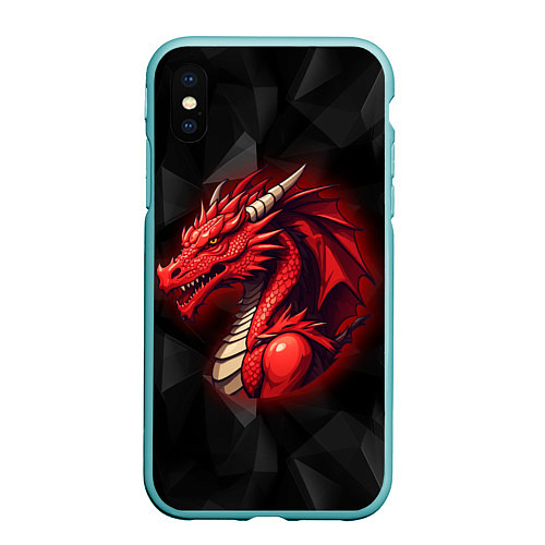 Чехол iPhone XS Max матовый Красный дракон на полигональном черном фоне / 3D-Мятный – фото 1