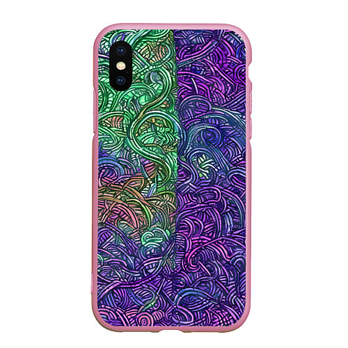 Чехол iPhone XS Max матовый Вьющийся узор фиолетовый и зелёный / 3D-Розовый – фото 1