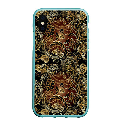 Чехол iPhone XS Max матовый Золотые узоры пейсли / 3D-Мятный – фото 1