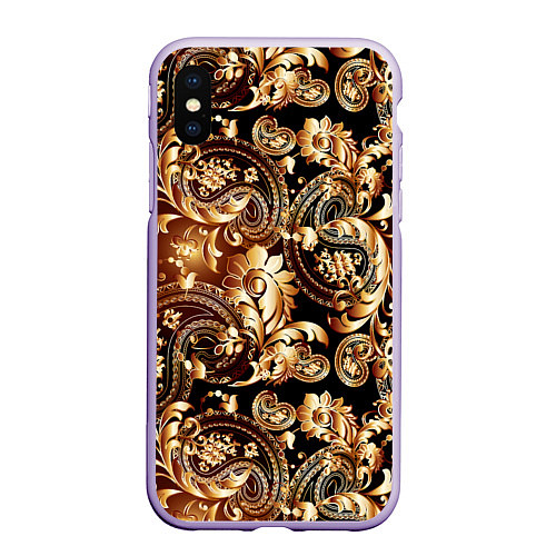 Чехол iPhone XS Max матовый Пейсли золотые узоры / 3D-Светло-сиреневый – фото 1