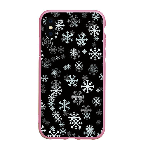 Чехол iPhone XS Max матовый Снежинки белые на черном / 3D-Розовый – фото 1