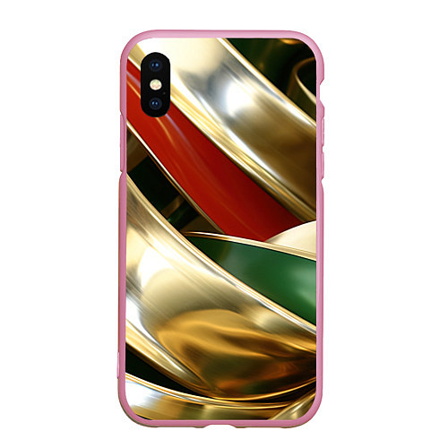 Чехол iPhone XS Max матовый Золотая абстракция с зелеными и красными вставками / 3D-Розовый – фото 1