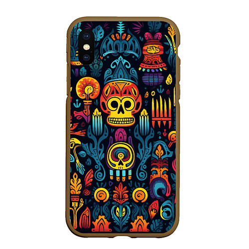 Чехол iPhone XS Max матовый Паттерн в мексиканском фолк-стиле / 3D-Коричневый – фото 1