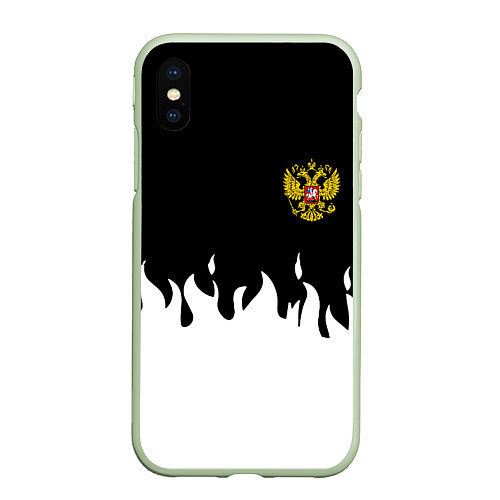 Чехол iPhone XS Max матовый Герб РФ огонь патриотический стиль / 3D-Салатовый – фото 1