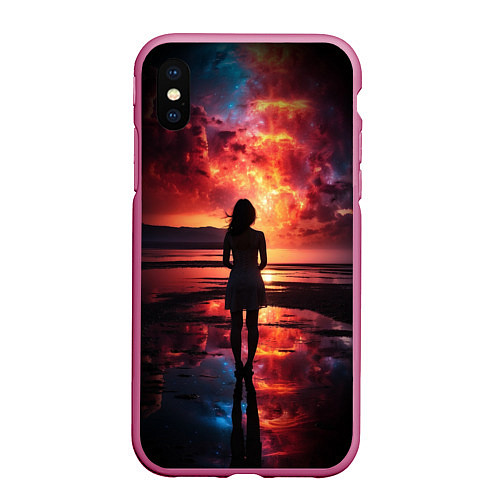 Чехол iPhone XS Max матовый Девушка на закате - космос / 3D-Малиновый – фото 1