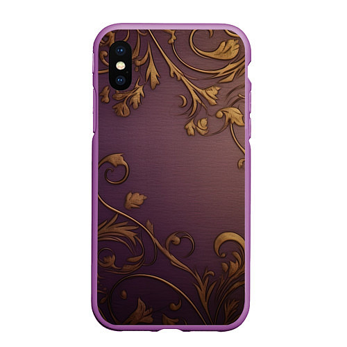 Чехол iPhone XS Max матовый Золотистые узоры на фиолетовом фоне / 3D-Фиолетовый – фото 1