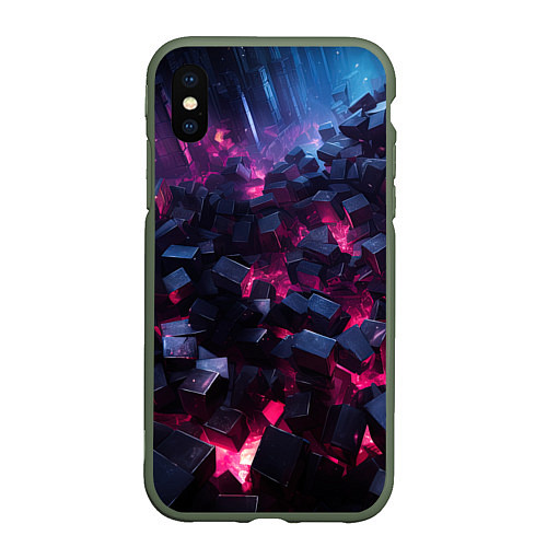 Чехол iPhone XS Max матовый Фиолетовые кубы в фиолетовом дыме / 3D-Темно-зеленый – фото 1