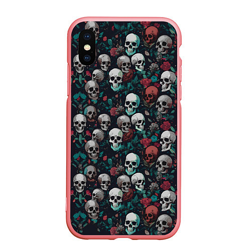 Чехол iPhone XS Max матовый Красные цветы и черепа / 3D-Баблгам – фото 1