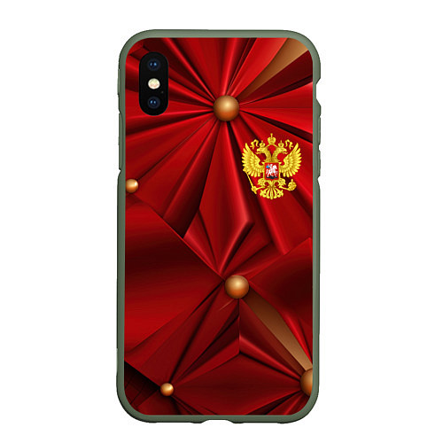 Чехол iPhone XS Max матовый Золотой герб России на красной абстракции / 3D-Темно-зеленый – фото 1