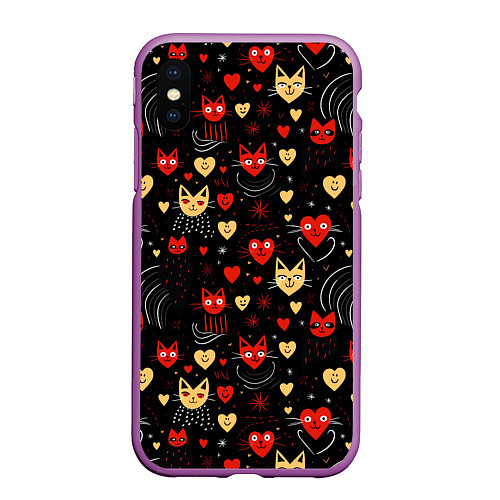 Чехол iPhone XS Max матовый Паттерн с сердечками и котами валентинка / 3D-Фиолетовый – фото 1