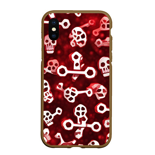 Чехол iPhone XS Max матовый Белые черепки и кости на красном фоне / 3D-Коричневый – фото 1