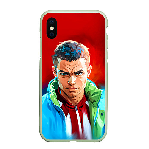 Чехол iPhone XS Max матовый Слово пацана в стиле аниме - мазки краски / 3D-Салатовый – фото 1