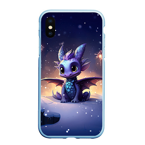 Чехол iPhone XS Max матовый Милый дракон на фоне салюта / 3D-Голубой – фото 1