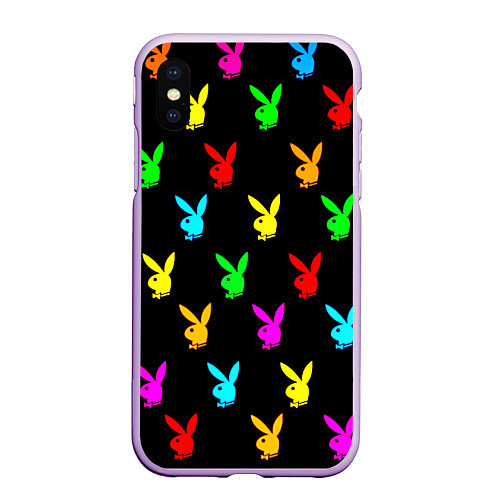 Чехол iPhone XS Max матовый Playboy pattern неон / 3D-Сиреневый – фото 1