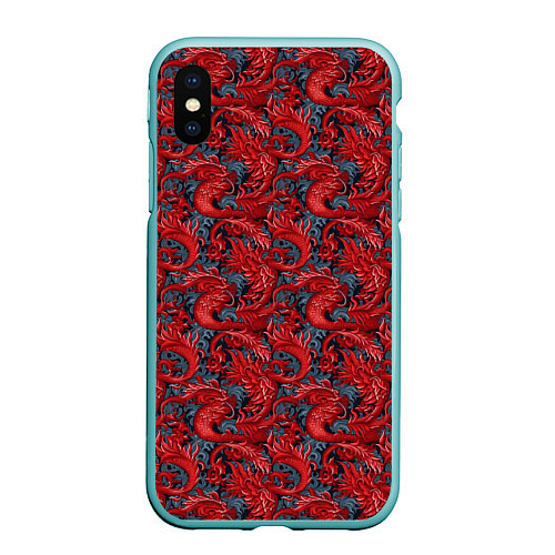 Чехол iPhone XS Max матовый Красные драконы паттерн / 3D-Мятный – фото 1