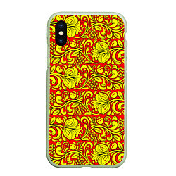 Чехол iPhone XS Max матовый Хохломская роспись золотистые цветы и ягоды на кра, цвет: 3D-салатовый