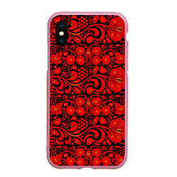 Чехол iPhone XS Max матовый Хохломская роспись красные цветы и ягоды на чёрном, цвет: 3D-розовый