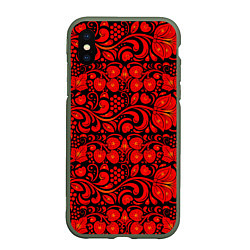 Чехол iPhone XS Max матовый Хохломская роспись красные цветы и ягоды на чёрном, цвет: 3D-темно-зеленый