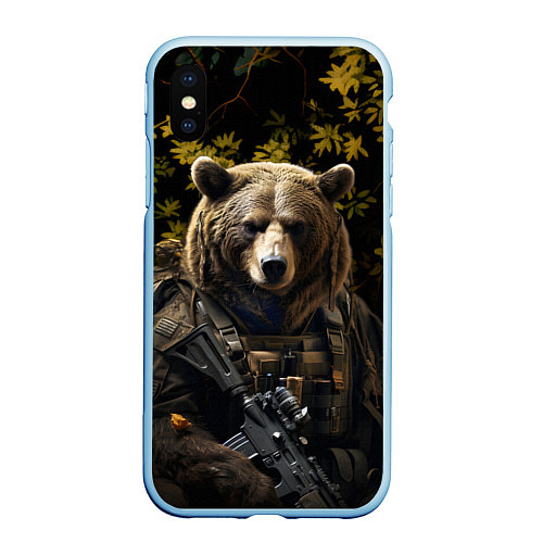 Чехол iPhone XS Max матовый Медведь солдат в ночном лесу / 3D-Голубой – фото 1