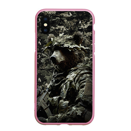 Чехол iPhone XS Max матовый Медведь воин спецназа / 3D-Розовый – фото 1