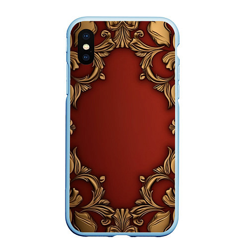 Чехол iPhone XS Max матовый Золотые объемные узоры на красном фоне лепнина / 3D-Голубой – фото 1