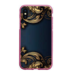Чехол iPhone XS Max матовый Лепнина объемные золотые узоры на ткани, цвет: 3D-малиновый