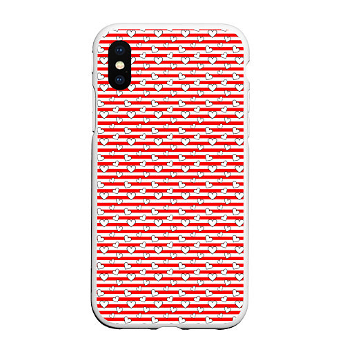 Чехол iPhone XS Max матовый Маленькие сердечки красный полосатый / 3D-Белый – фото 1