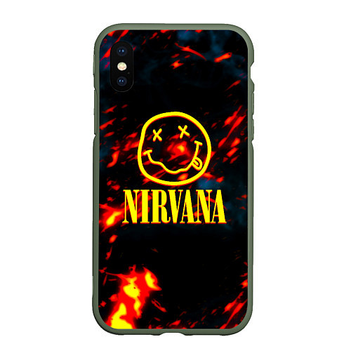 Чехол iPhone XS Max матовый Nirvana rock огненное лого лава / 3D-Темно-зеленый – фото 1