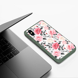 Чехол iPhone XS Max матовый Розовые розы и серые листочки - паттерн, цвет: 3D-темно-зеленый — фото 2