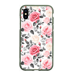 Чехол iPhone XS Max матовый Розовые розы и серые листочки - паттерн, цвет: 3D-темно-зеленый