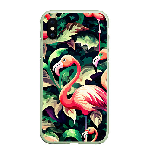 Чехол iPhone XS Max матовый Камуфляж розовый фламинго / 3D-Салатовый – фото 1