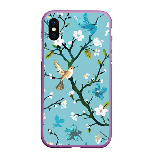 Чехол iPhone XS Max матовый Колибри ветка цветущего сада / 3D-Фиолетовый – фото 1