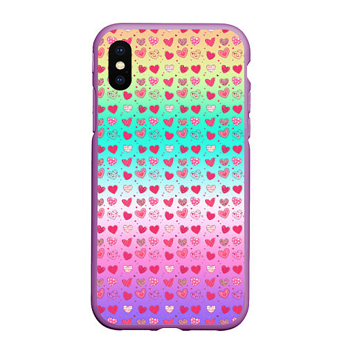 Чехол iPhone XS Max матовый Паттерн сердечки на разноцветном фоне / 3D-Фиолетовый – фото 1