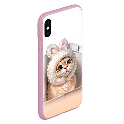 Чехол iPhone XS Max матовый Милый кот-мем в шапке с ушками - бежевый градиент, цвет: 3D-розовый — фото 2
