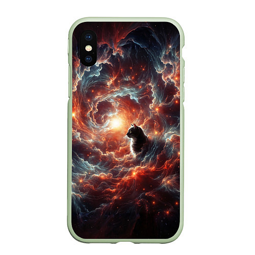 Чехол iPhone XS Max матовый Кот в облаках космической туманности / 3D-Салатовый – фото 1