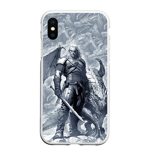 Чехол iPhone XS Max матовый The Witcher and dragon - hand drawn style / 3D-Белый – фото 1