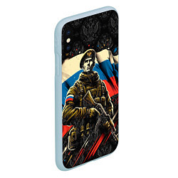 Чехол iPhone XS Max матовый Русский солдат на фоне флага России, цвет: 3D-голубой — фото 2