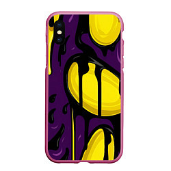 Чехол iPhone XS Max матовый Желтые яркие пятна краски на фиолетовом, цвет: 3D-малиновый