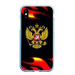 Чехол iPhone XS Max матовый Герб РФ огонь, цвет: 3D-голубой