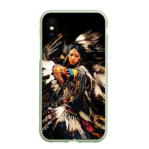 Чехол iPhone XS Max матовый Танец коренной североамериканки / 3D-Салатовый – фото 1