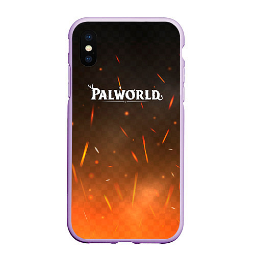 Чехол iPhone XS Max матовый Palworld лого на фоне огня / 3D-Сиреневый – фото 1