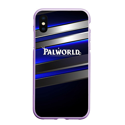 Чехол iPhone XS Max матовый Palworld logo синие и серебристые полосы / 3D-Сиреневый – фото 1