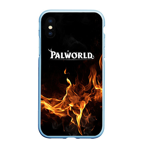 Чехол iPhone XS Max матовый Palworld логотип на черном фоне с огнем / 3D-Голубой – фото 1