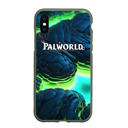 Чехол iPhone XS Max матовый Palworld логотип на ярких синих и зеленых неоновых / 3D-Темно-зеленый – фото 1