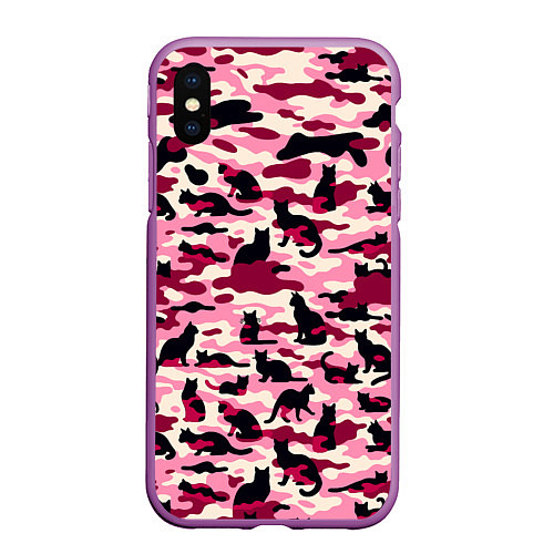 Чехол iPhone XS Max матовый Камуфляжные розовые котики / 3D-Фиолетовый – фото 1