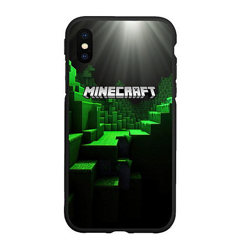 Чехол iPhone XS Max матовый Minecraft logo зеленые яркие плитки / 3D-Черный – фото 1